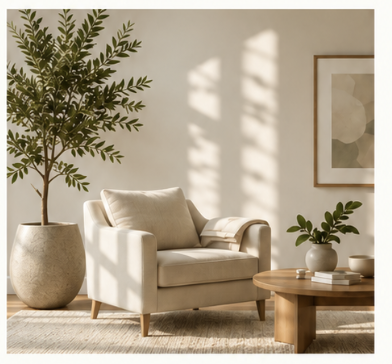 A warm psychotherapy room with a cream chair, potted tree, and soft natural light.