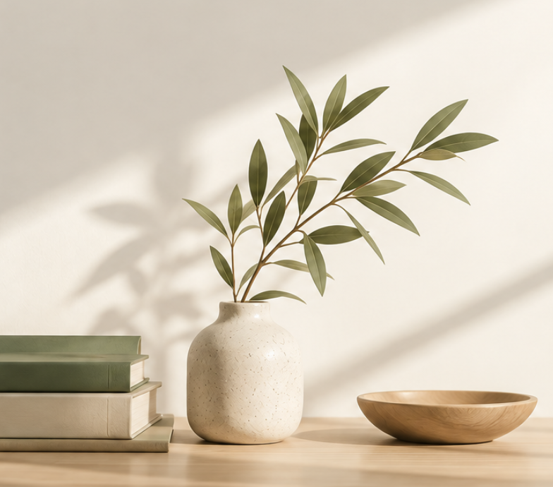 Olive branches in a ceramic vase beside books and a wooden bowl.