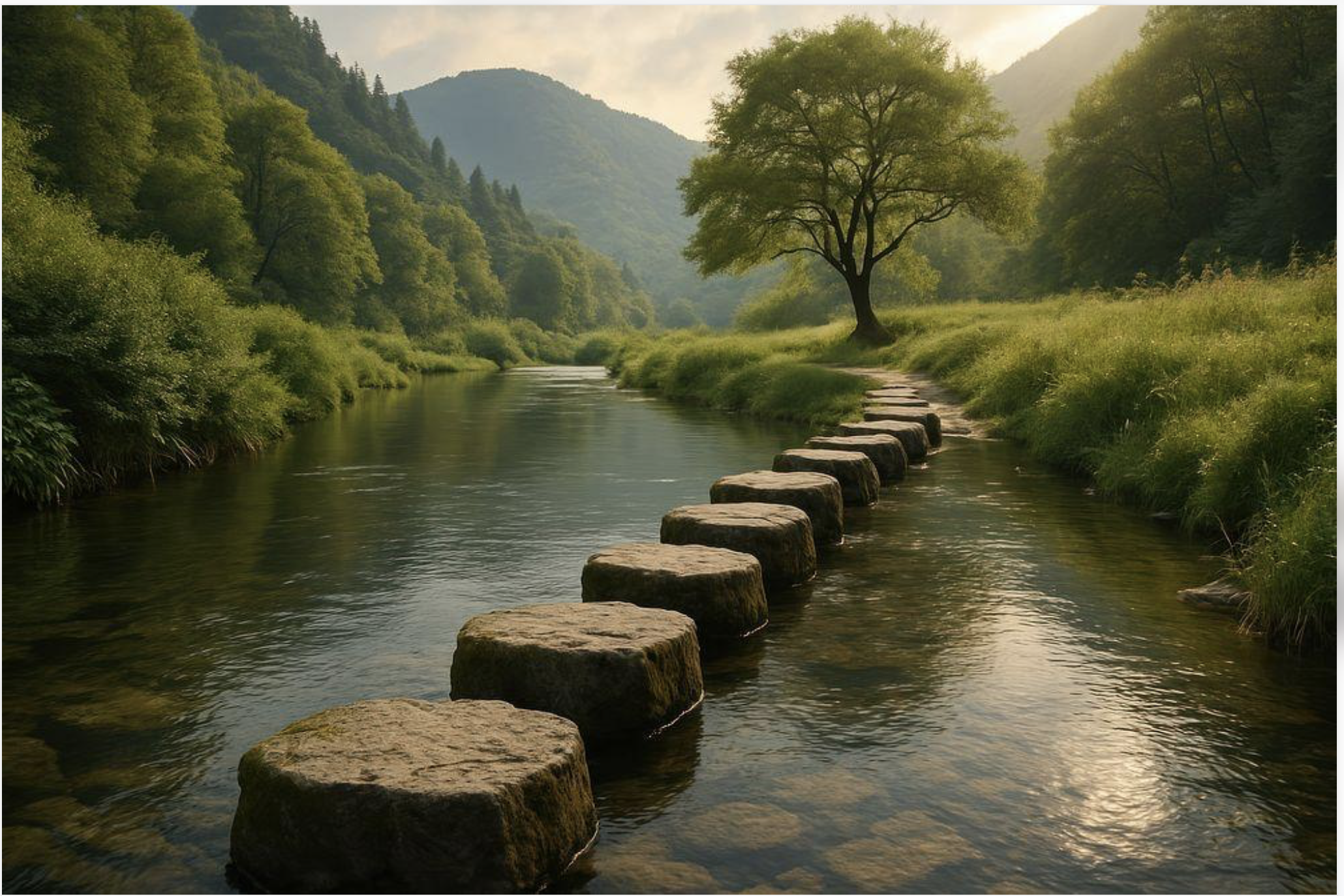 Stepping stones crossing sunlit water toward a green landscape.