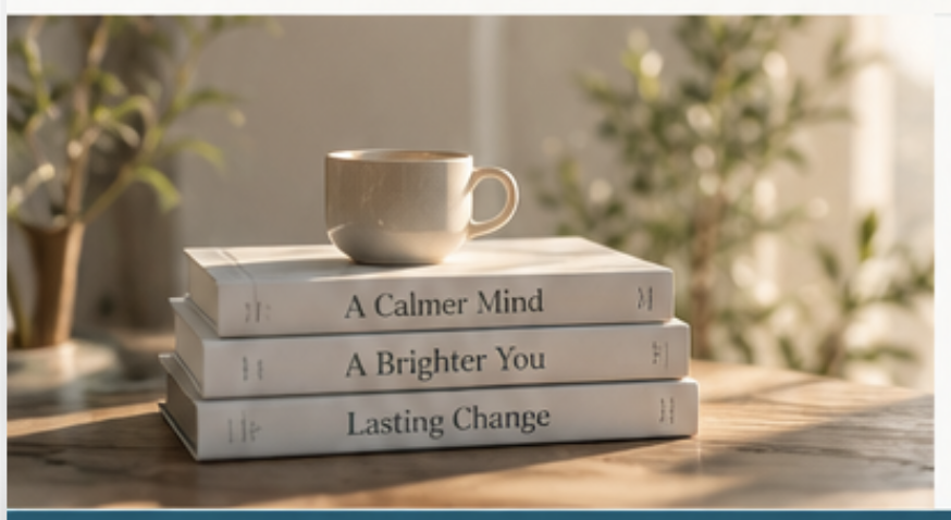 A cup resting on books in warm natural light.