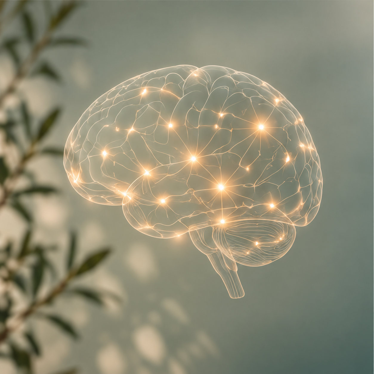 Illustration of a brain with illuminated neural pathways.