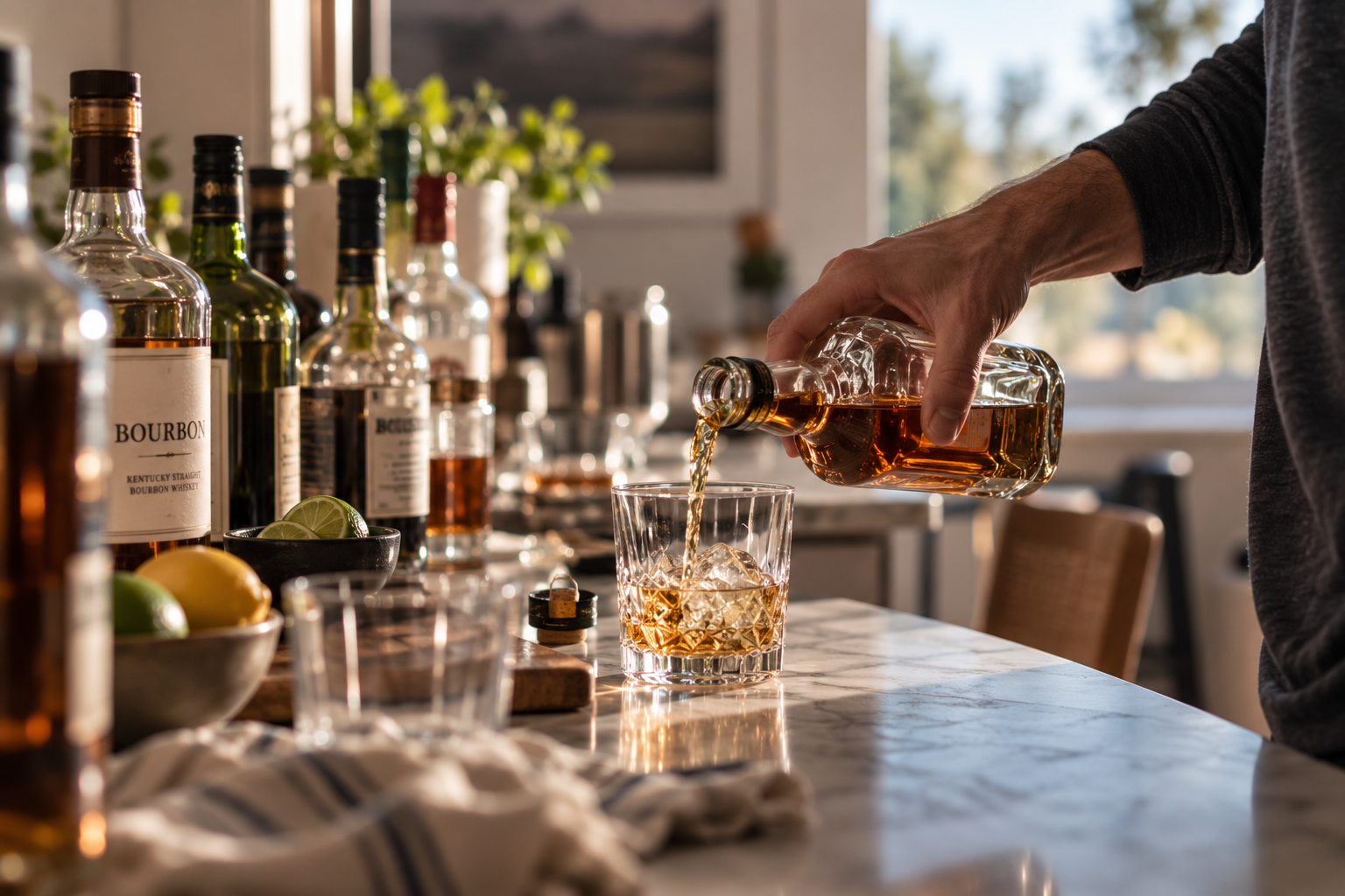 Person pouring an alcoholic drink into a glass beside several bottles.