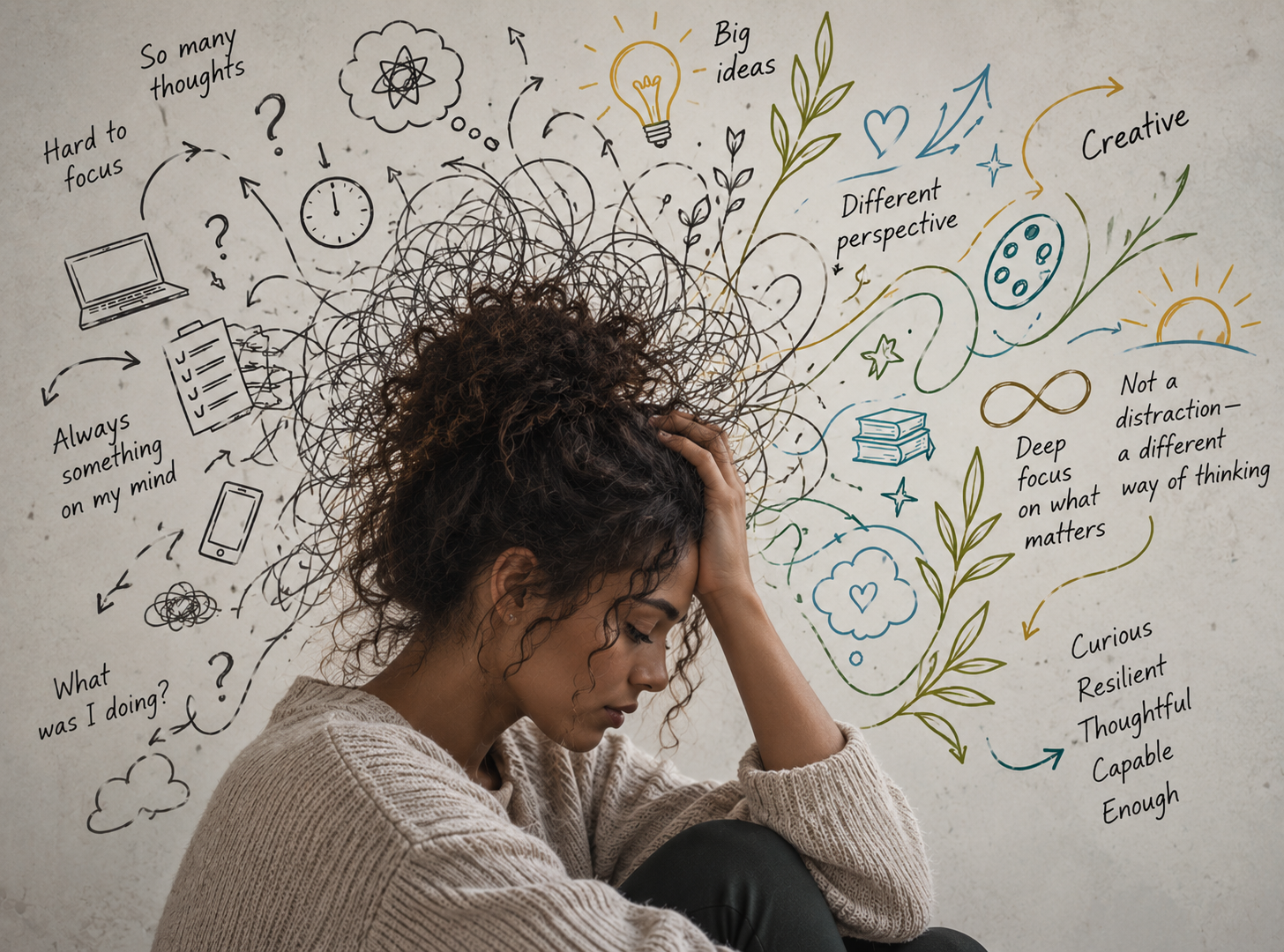 Person surrounded by an illustrated thoughtscape of ideas, questions, and creative connections.