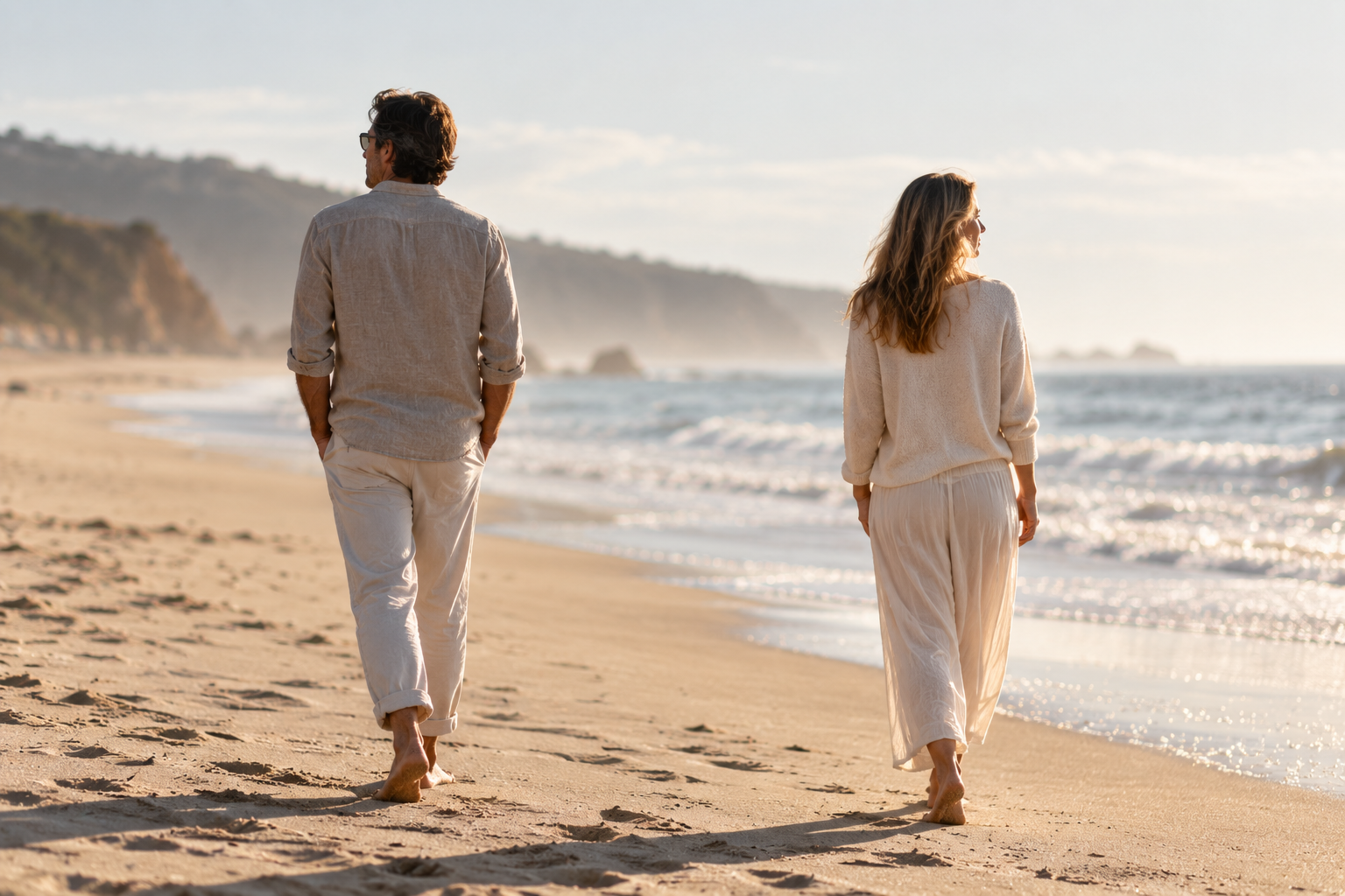 Couple walking apart along a beach while looking in different directions.